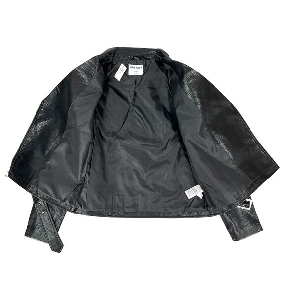 Old Navy Faux Leather Belted Biker Jacket Women Small Tall Black Edgy Retro NEW! - Picture 6 of 16